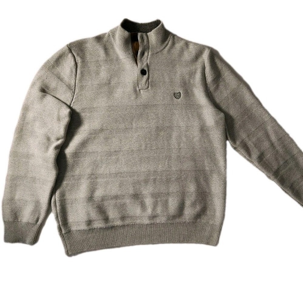 Y2K Chaps Men's Large Classic Fit 1/4-Button 100% Cotton Ribbed Gray Sweater EUC